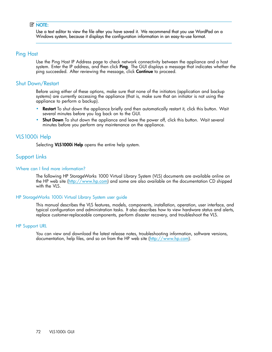 Ping host, Shut down/restart, Vls1000i help | Support links | HP StorageWorks 1000i Virtual Library System User Manual | Page 72 / 122