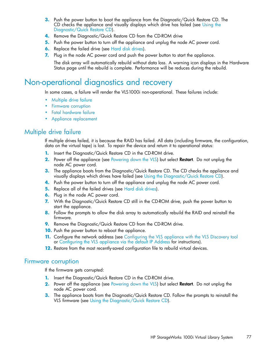 Non-operational diagnostics and recovery, Multiple drive failure, Firmware corruption | HP StorageWorks 1000i Virtual Library System User Manual | Page 77 / 122