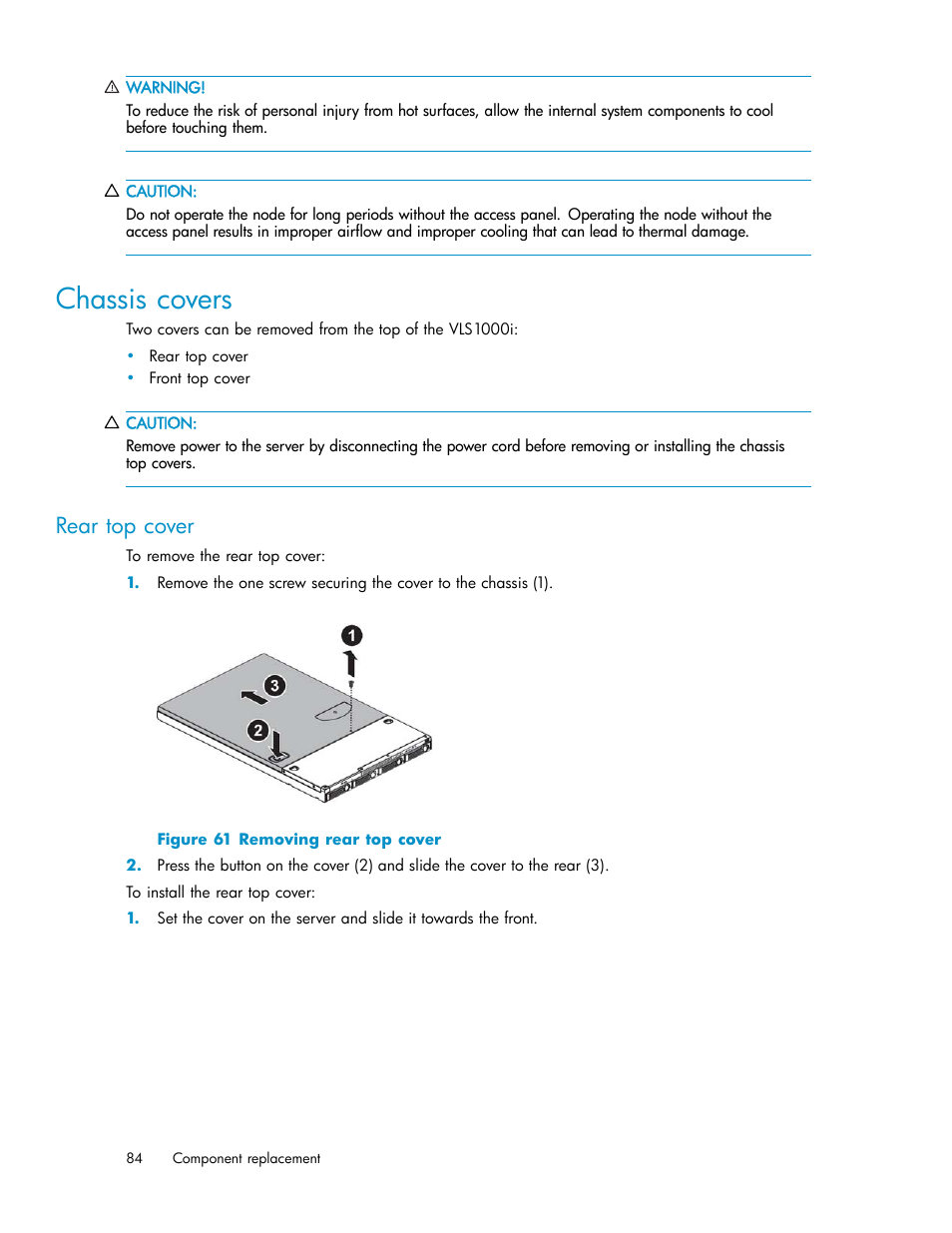 Chassis covers, Rear top cover, 61 removing rear top cover | HP StorageWorks 1000i Virtual Library System User Manual | Page 84 / 122