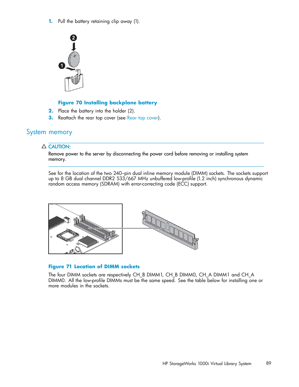 System memory, 70 installing backplane battery, 71 location of dimm sockets | HP StorageWorks 1000i Virtual Library System User Manual | Page 89 / 122