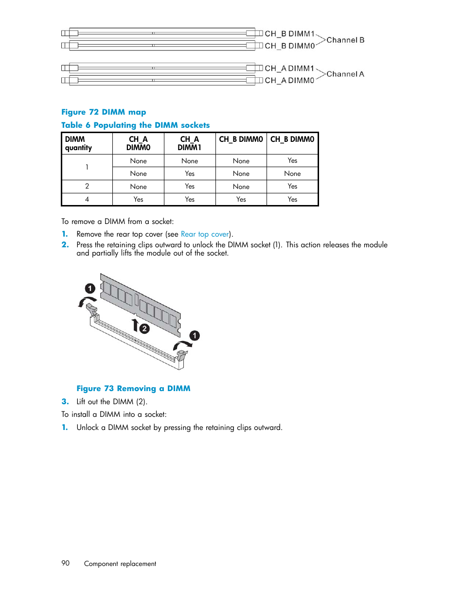 72 dimm map, 73 removing a dimm, Populating the dimm sockets | HP StorageWorks 1000i Virtual Library System User Manual | Page 90 / 122