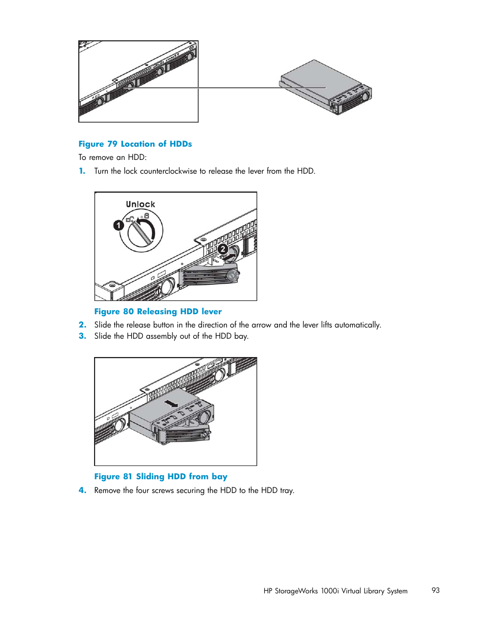 79 location of hdds, 80 releasing hdd lever, 81 sliding hdd from bay | HP StorageWorks 1000i Virtual Library System User Manual | Page 93 / 122