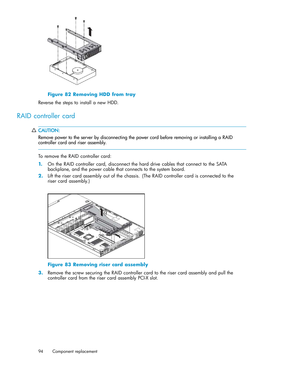 Raid controller card, 82 removing hdd from tray, 83 removing riser card assembly | HP StorageWorks 1000i Virtual Library System User Manual | Page 94 / 122