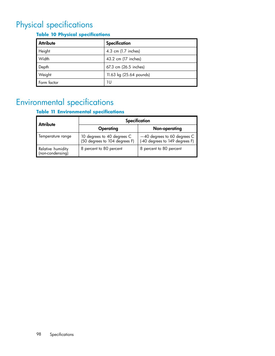 Physical speciﬁcations, Environmental speciﬁcations | HP StorageWorks 1000i Virtual Library System User Manual | Page 98 / 122