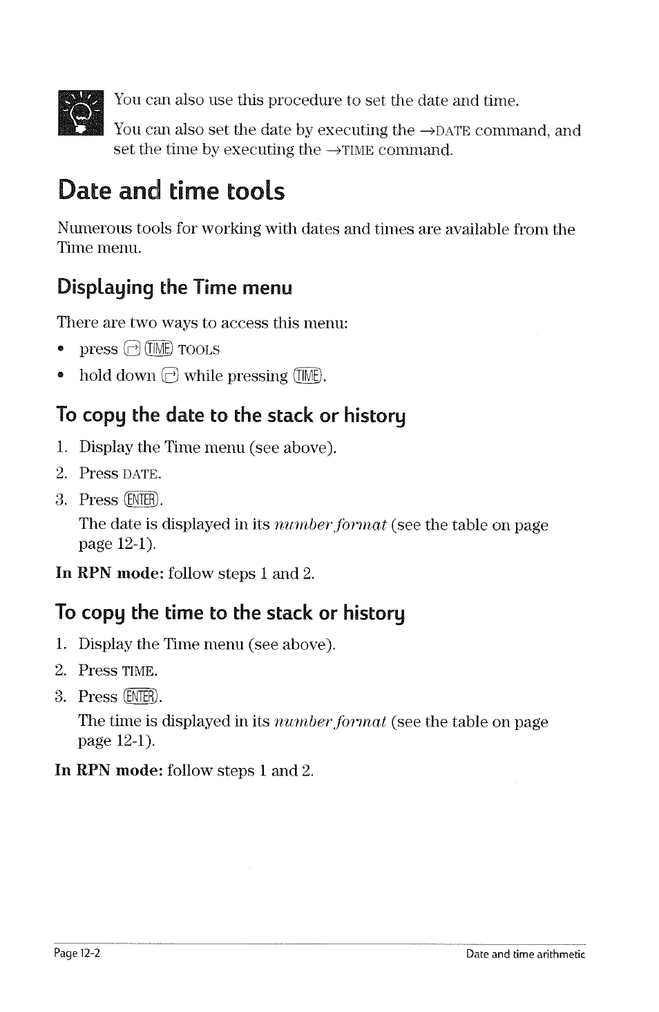 Chapter 12, Date and time arithmetic date and time formats, To set the format of the date and time | To set the format of the date and time -1 | HP 49g Graphing Calculator User Manual | Page 110 / 199