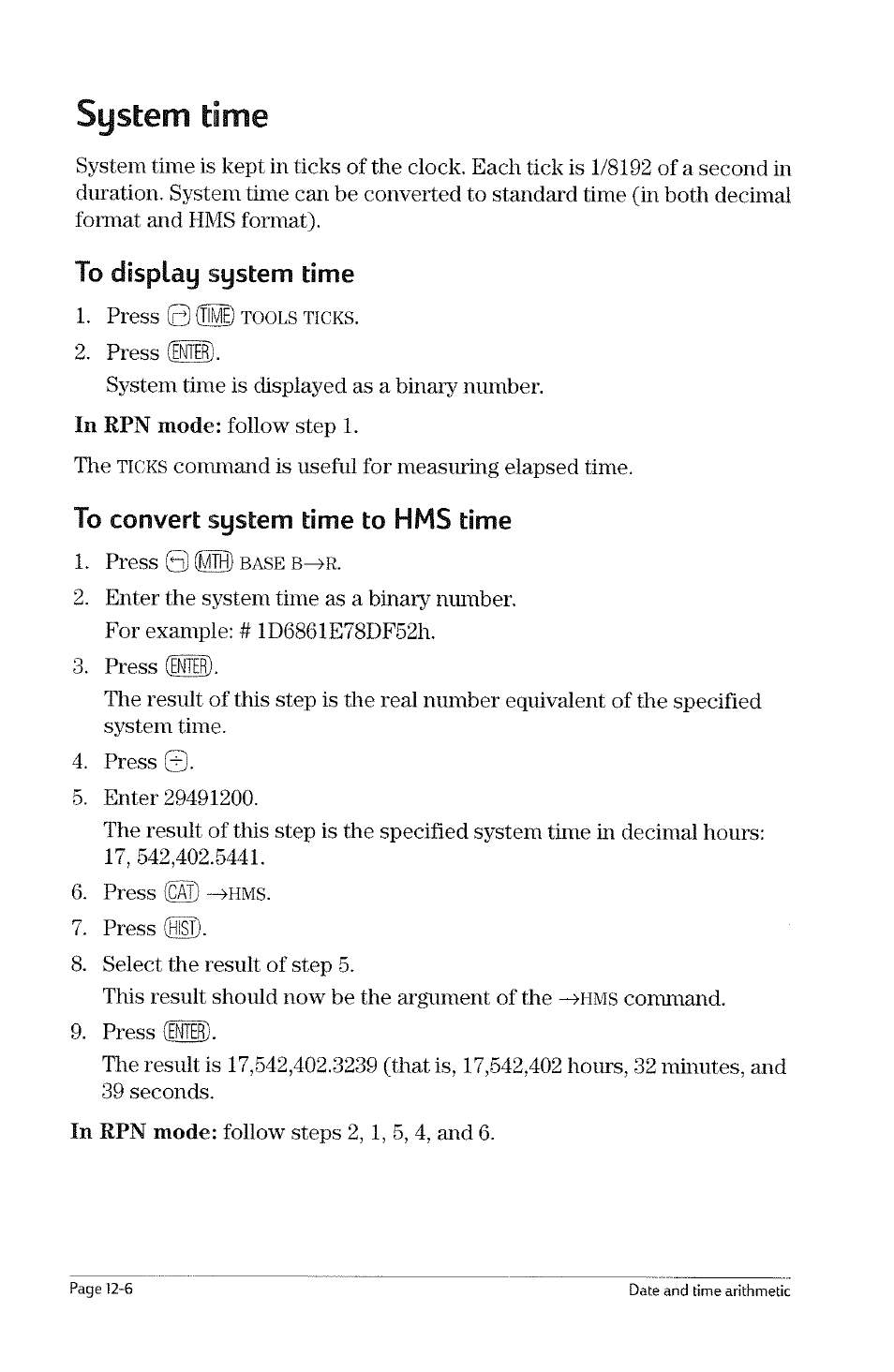 To convert a time in hms format to decimal format, To add times in hms format, To subtract times in hms format | HP 49g Graphing Calculator User Manual | Page 114 / 199