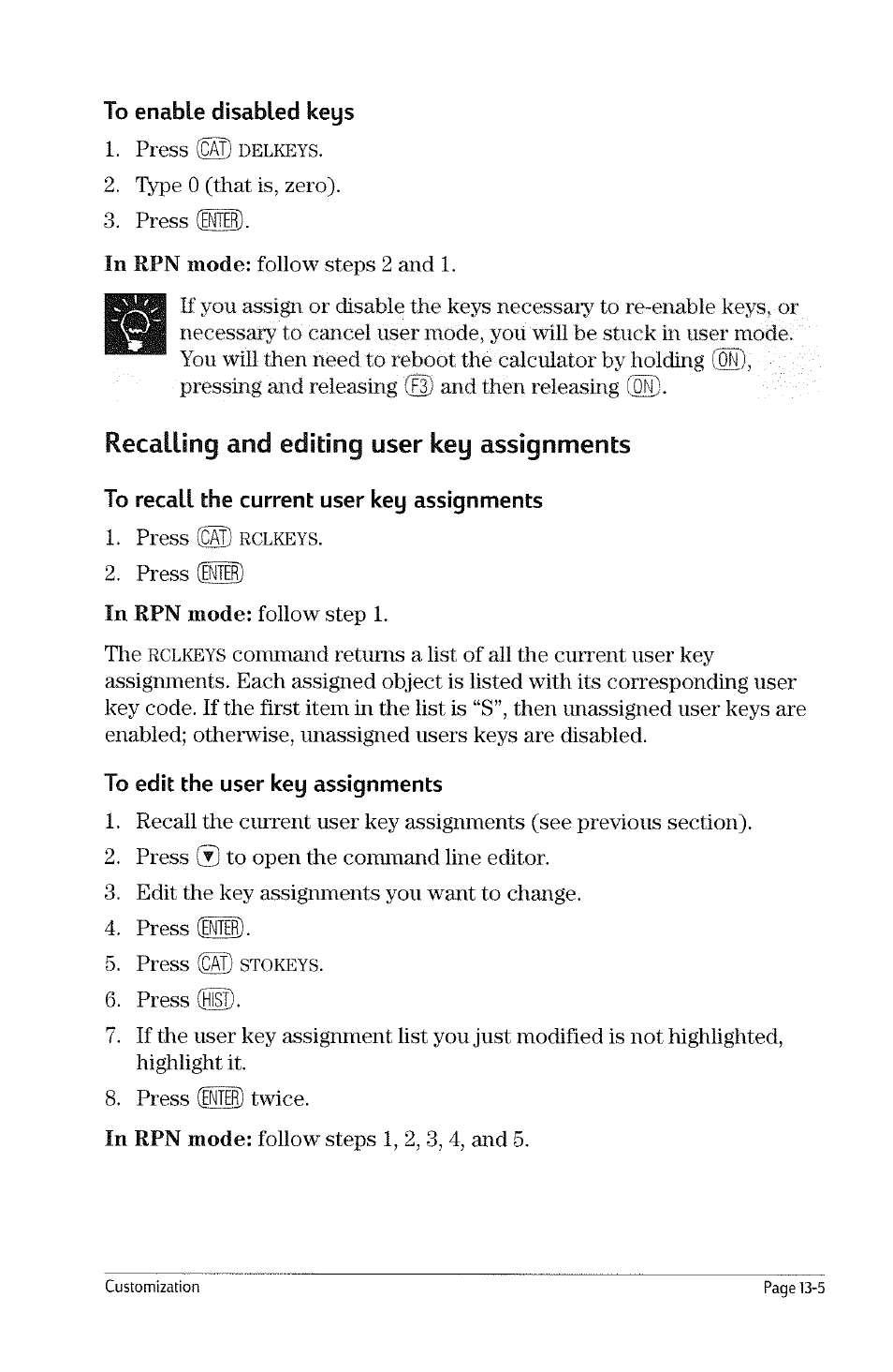 To assign a command to a user key, To unassign a user key, Disabling keys in user mode | Disabling keys | HP 49g Graphing Calculator User Manual | Page 121 / 199