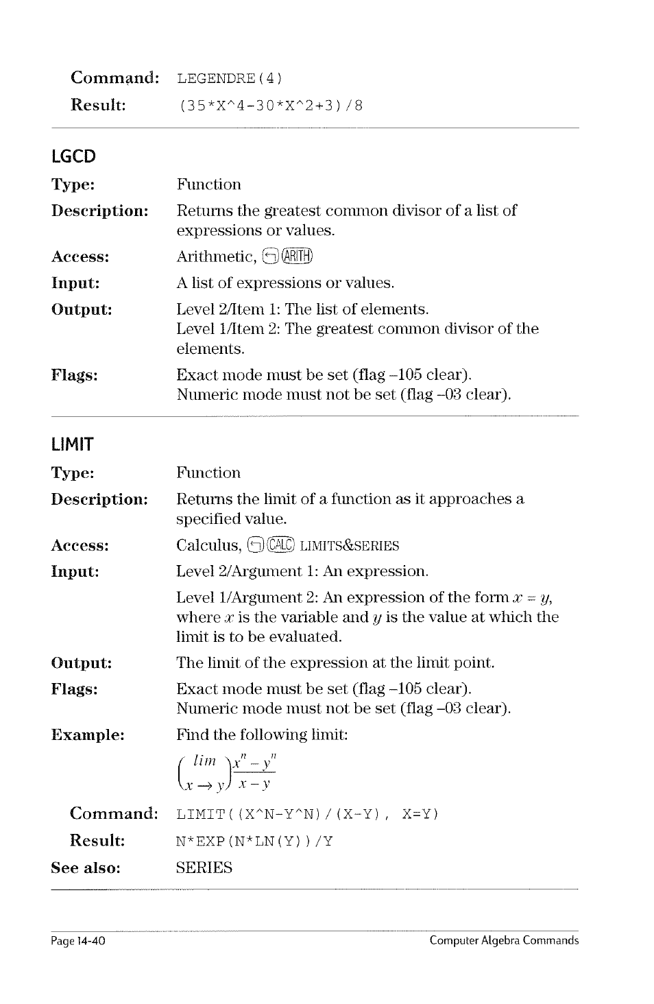 Result, Ldec, Legendre | HP 49g Graphing Calculator User Manual | Page 162 / 199