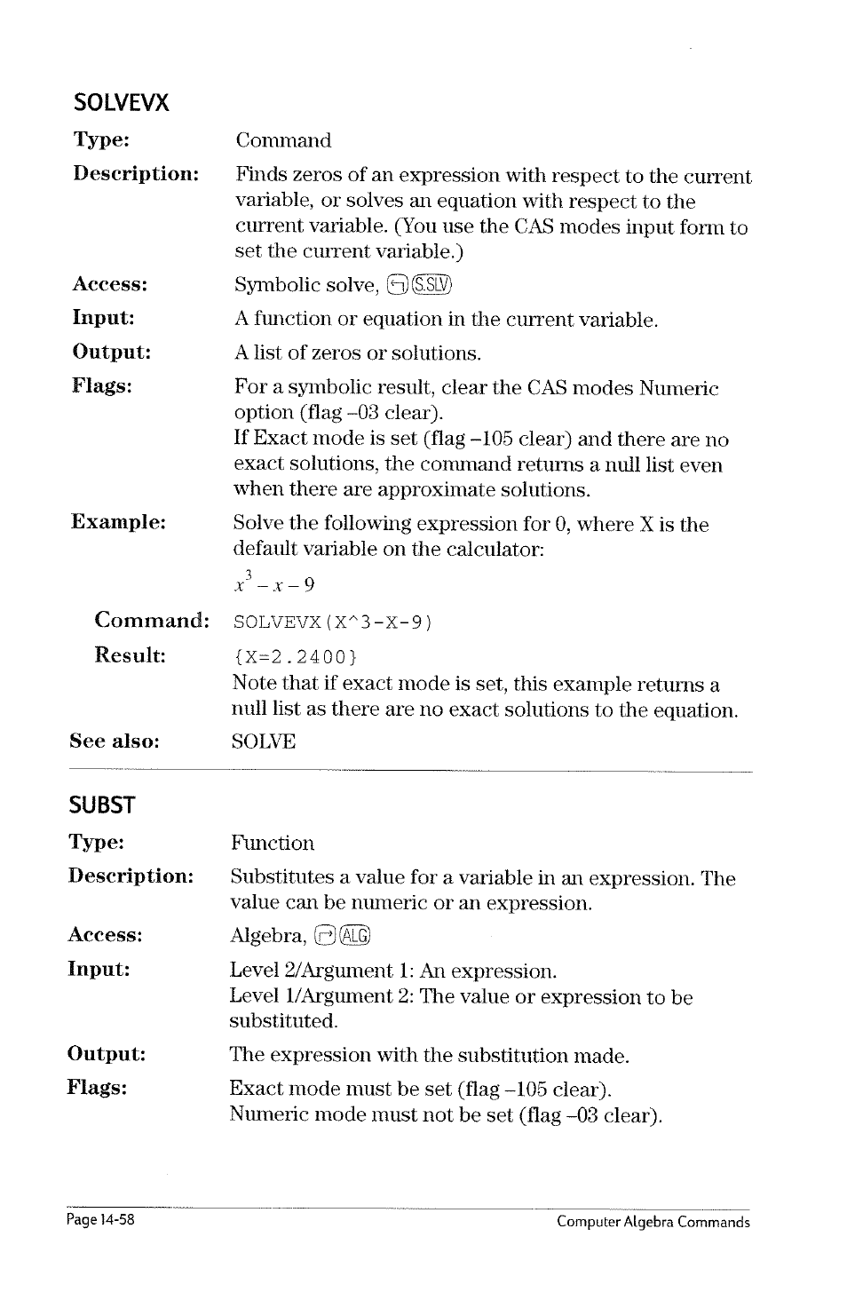 Sincos, Solve | HP 49g Graphing Calculator User Manual | Page 180 / 199