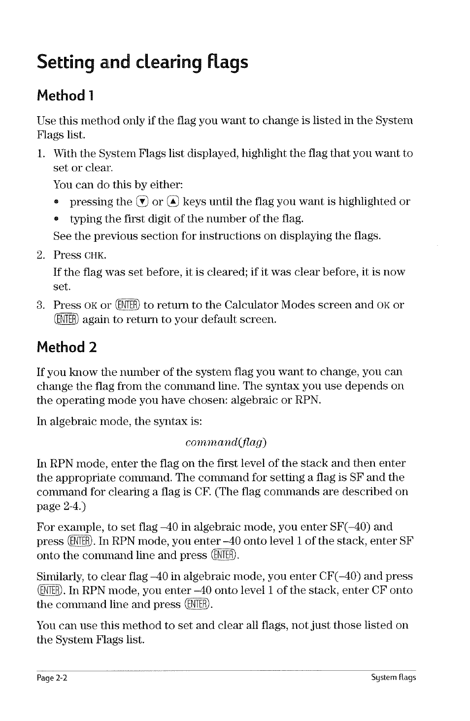 Displaying system flags, Displaying system flags -1, Chapter 2 system flags | HP 49g Graphing Calculator User Manual | Page 20 / 199