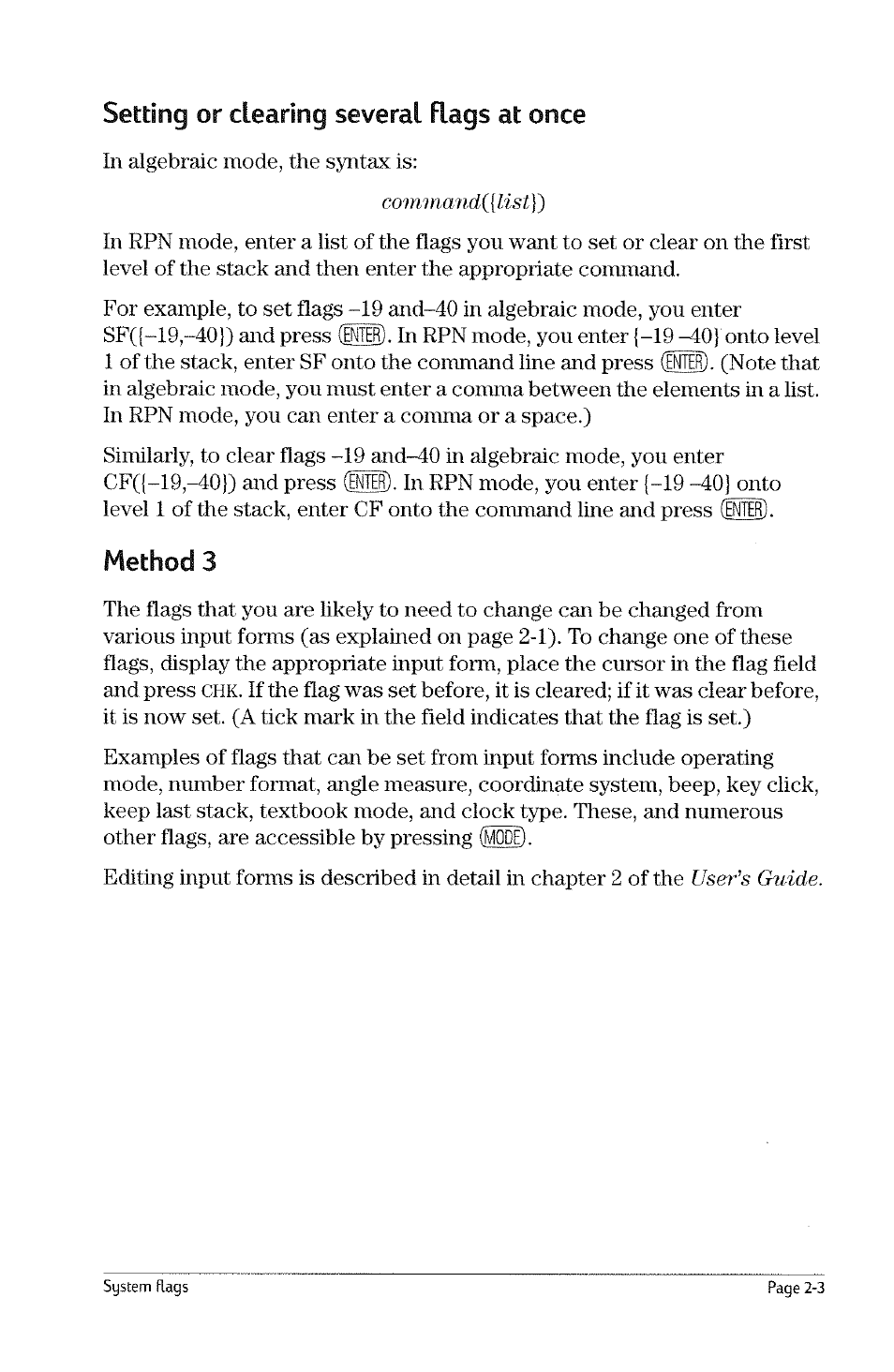 Setting and clearing flags, Method 1, Method 2 | Setting and clearing flags -2 | HP 49g Graphing Calculator User Manual | Page 21 / 199