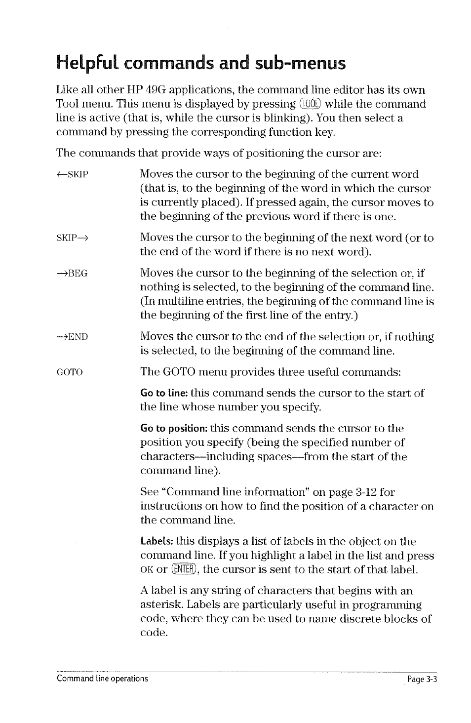 Positioning the cursor, Main methods: single-line command line, Main methods: multi-line command line | Positioning the cursor -2, Main methods: single-line command line -2, Main methods: multi-line command line -2 | HP 49g Graphing Calculator User Manual | Page 25 / 199