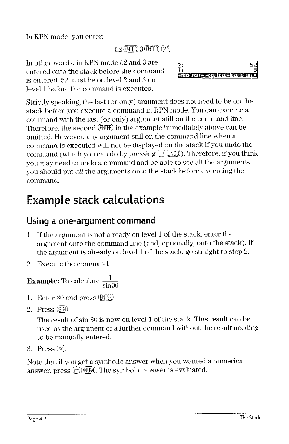 Chapter 4, Using the stack, Using the stack -1 | Chapter 4 the stack | HP 49g Graphing Calculator User Manual | Page 38 / 199