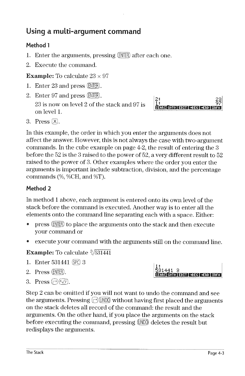 Example stack calculations, Example stack calculations -2, Using a one-argument command | HP 49g Graphing Calculator User Manual | Page 39 / 199