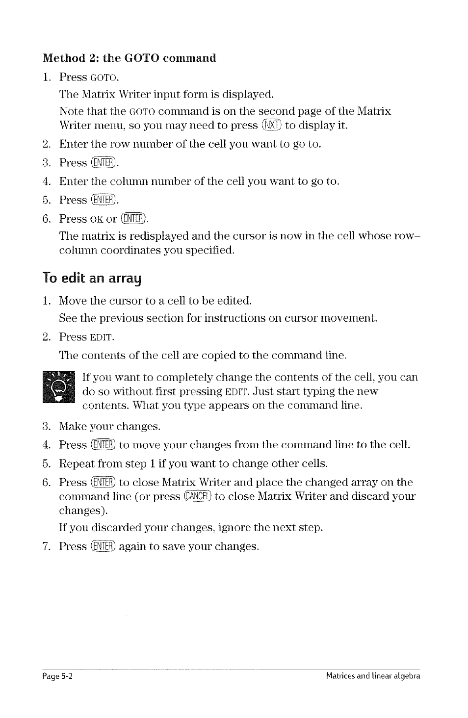 Chapter 5, Matrices and linear algebra, Matrix writer operations | To move around an array, Chapter 5: matrices and linear algebra, Matrix writer operations -1, To move around an array -1, Chapter 5 matrices and linear algebra | HP 49g Graphing Calculator User Manual | Page 42 / 199