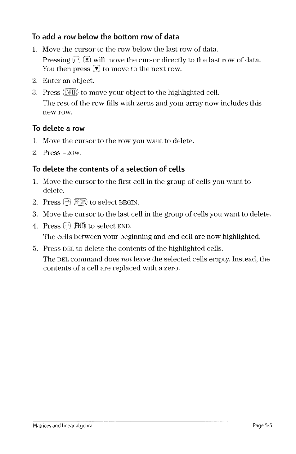 To insert a column, To delete a column, To insert a row | HP 49g Graphing Calculator User Manual | Page 45 / 199