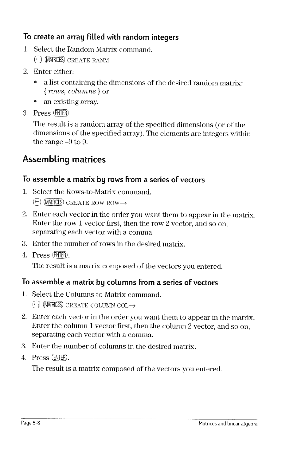 Advanced matrix operations, Creating special matrices, To create an array riled with a given constant | To create an identity matrix, Advanced matrix operations -7, Creating special matrices -7, 0 (wtricesl | HP 49g Graphing Calculator User Manual | Page 48 / 199