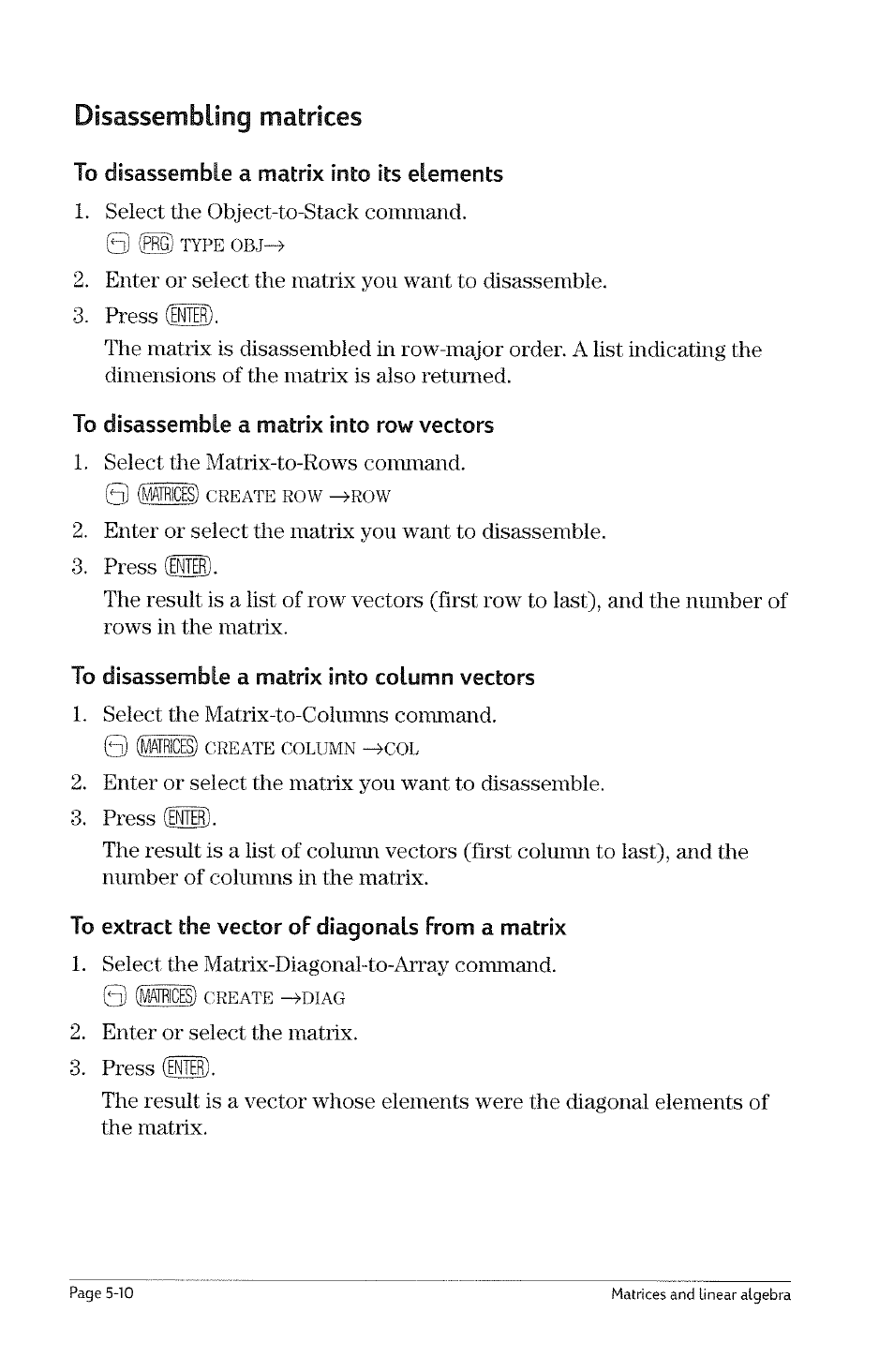 To assemble a matrix from a sequence of elements | HP 49g Graphing Calculator User Manual | Page 50 / 199