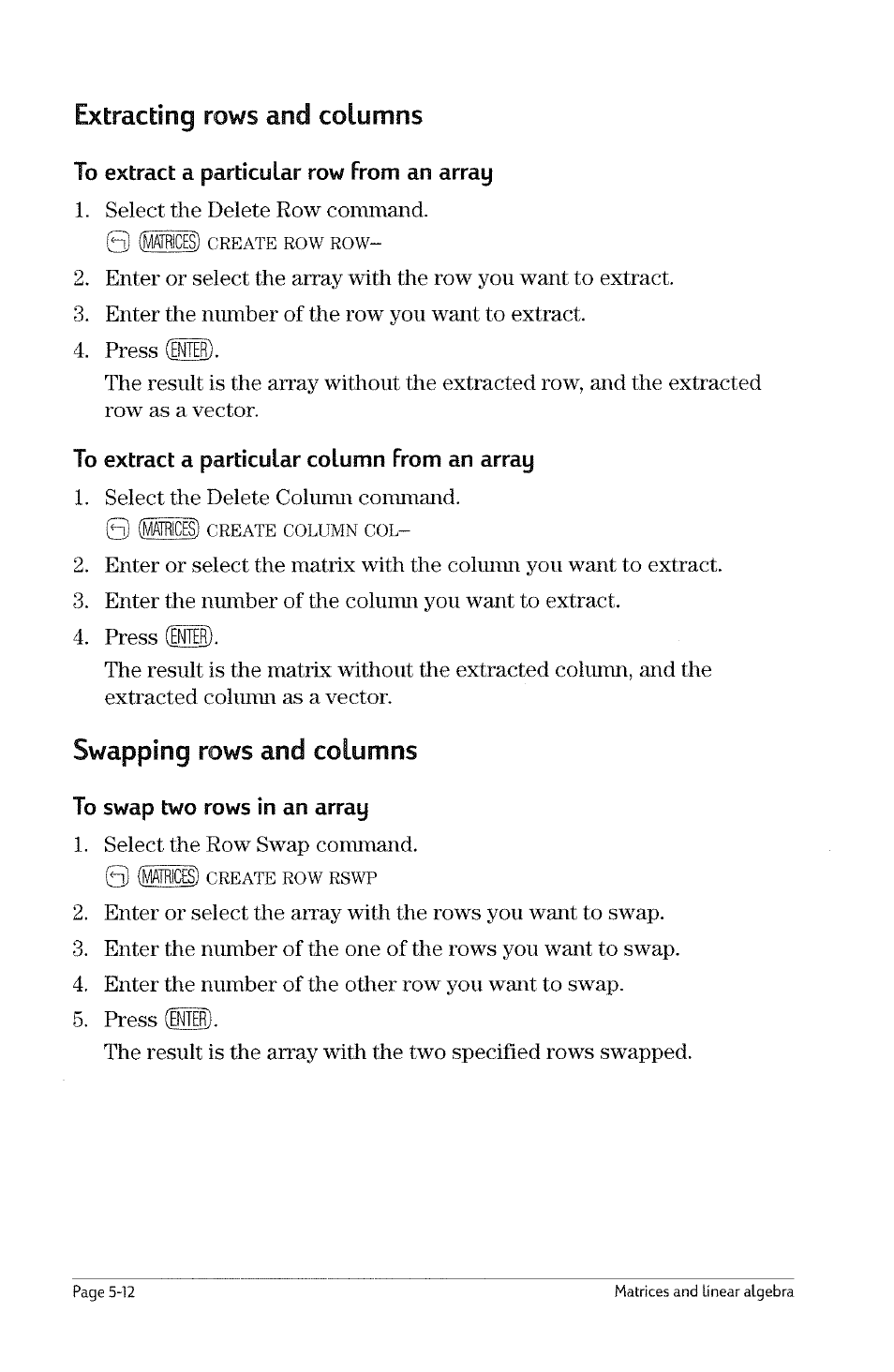 To insert one or more new rows into a matrix, To insert one or more new columns into an array | HP 49g Graphing Calculator User Manual | Page 52 / 199