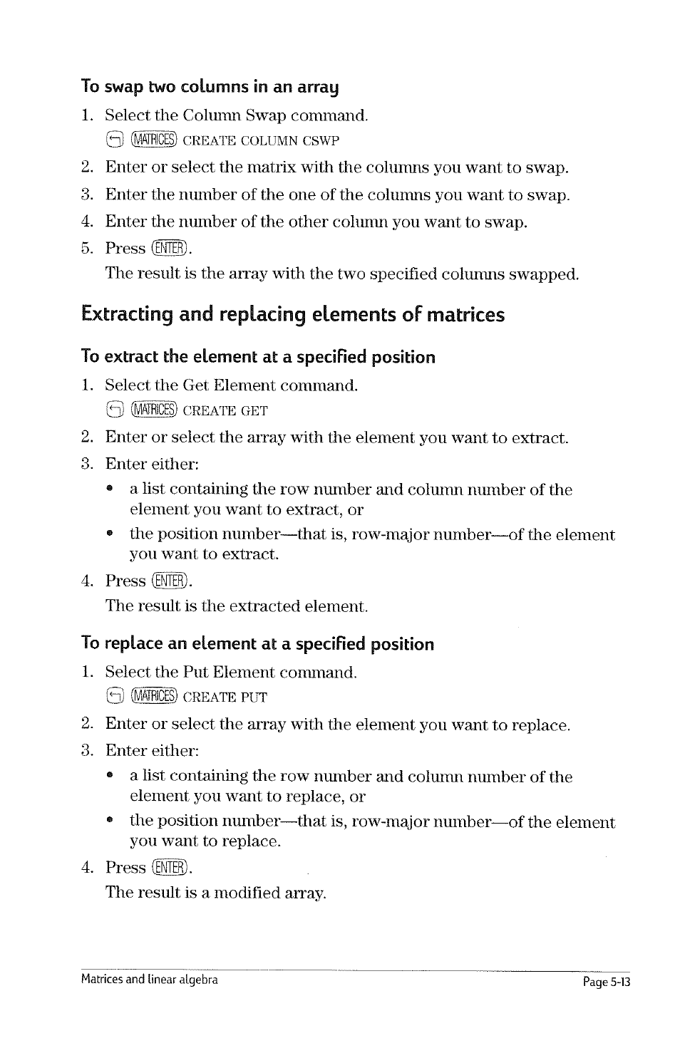 To extract a particular row from an array, To extract a particular column from an array, Swapping rows and columns | To swap two rows in an array, Swapping rows and columns -12 | HP 49g Graphing Calculator User Manual | Page 53 / 199