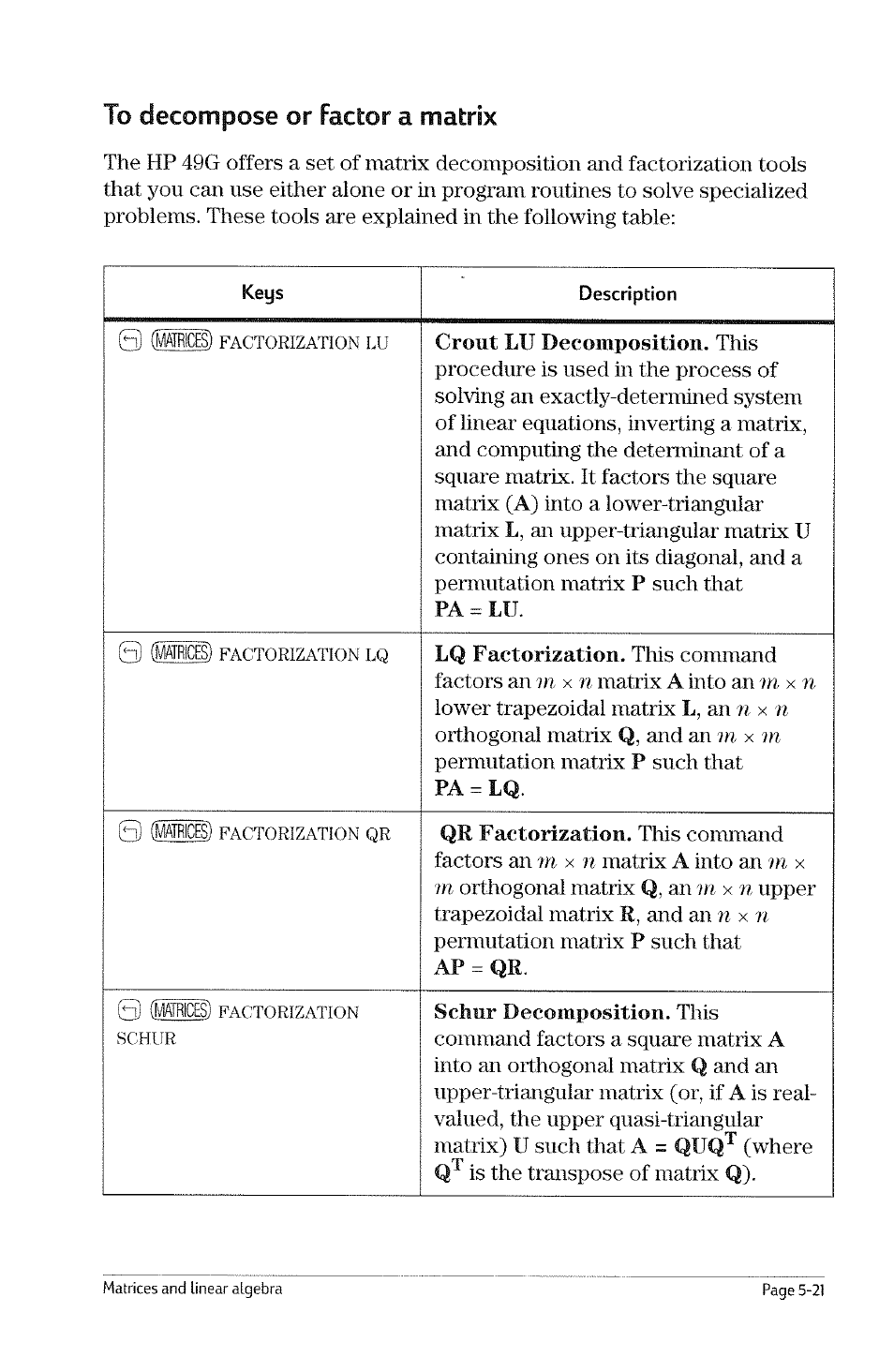 To compute the singular values of a matrix, To compute the singular values of a matrix -20 | HP 49g Graphing Calculator User Manual | Page 61 / 199