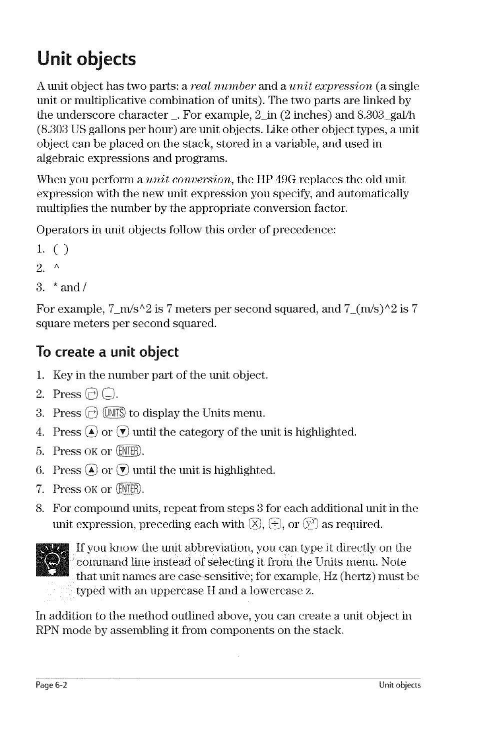 Overview of the units application, Ovei^view of the units application -1, Chapter 6 unit objects | HP 49g Graphing Calculator User Manual | Page 64 / 199