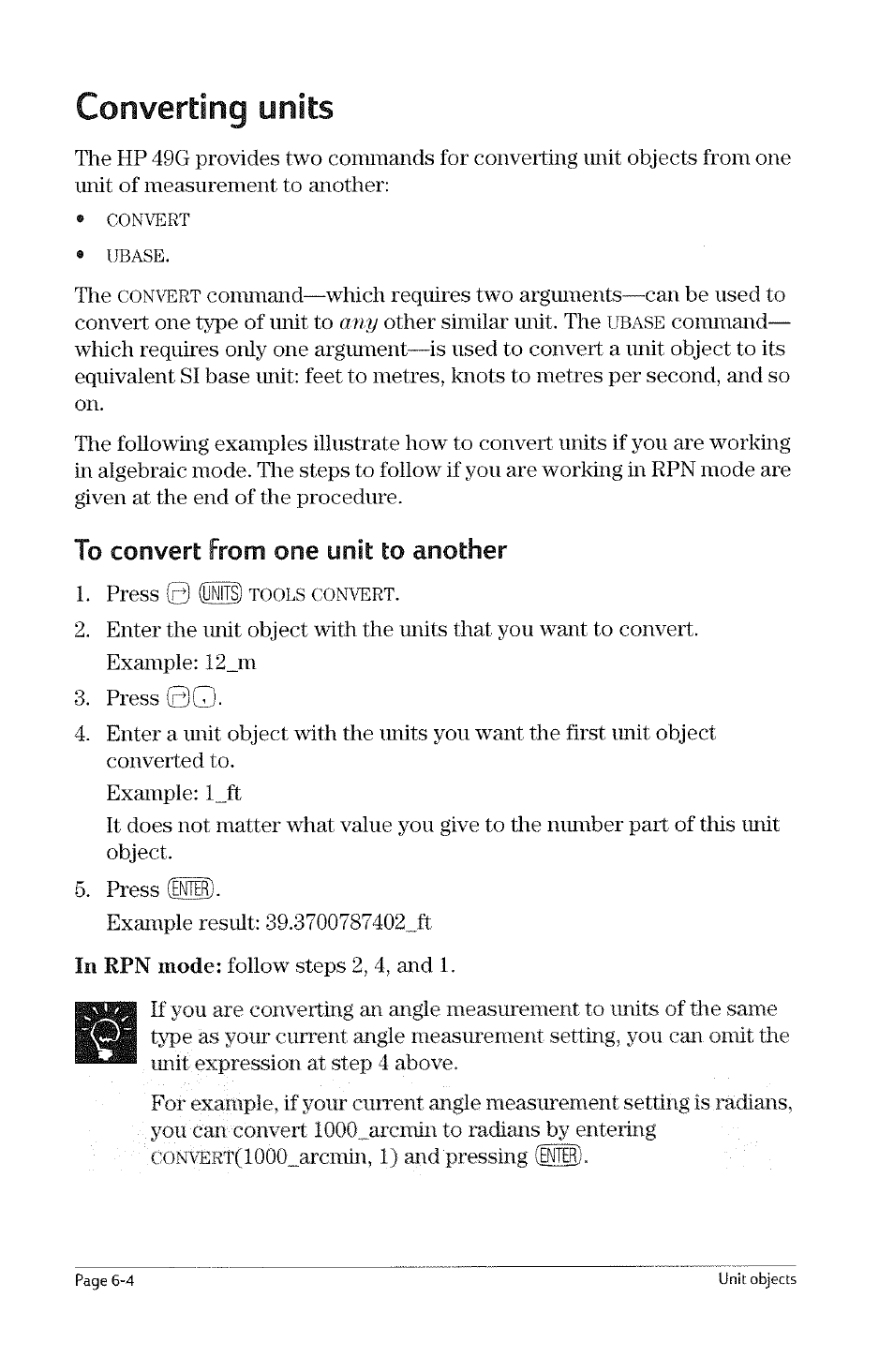 To assemble a unit object from the stack, To assemble a imit object from the stack -3, 0m.) | Unit prefixes, Ilts), Selecting it from the commands catalog ((cat), Or • pressing | HP 49g Graphing Calculator User Manual | Page 66 / 199