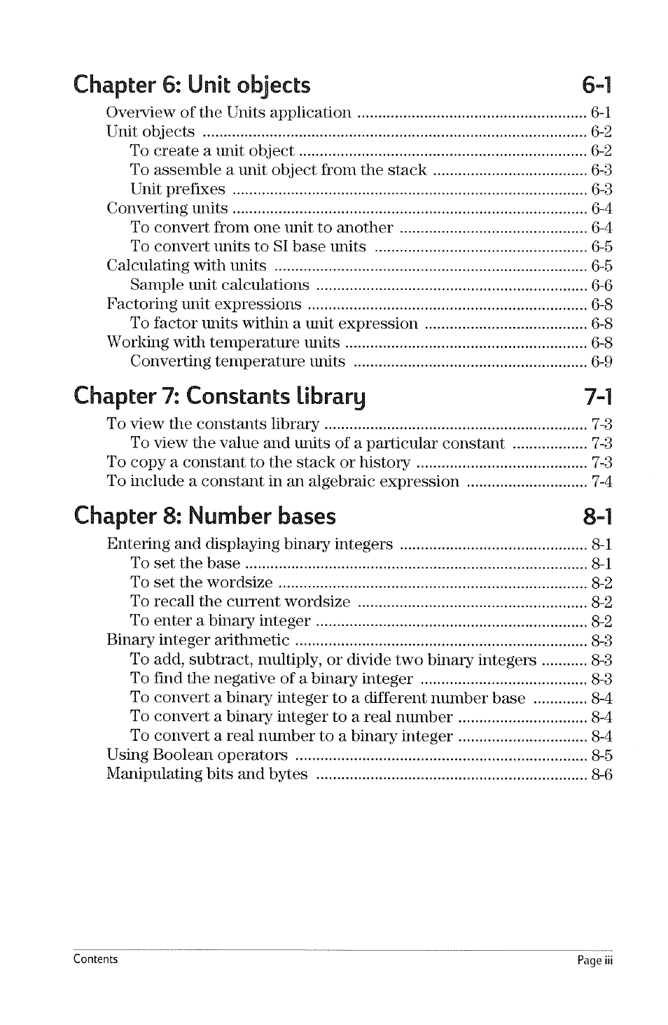 Chapter 5: matrices and linear algebra 5-1, Chapter 4: the stack 4-1 | HP 49g Graphing Calculator User Manual | Page 7 / 199