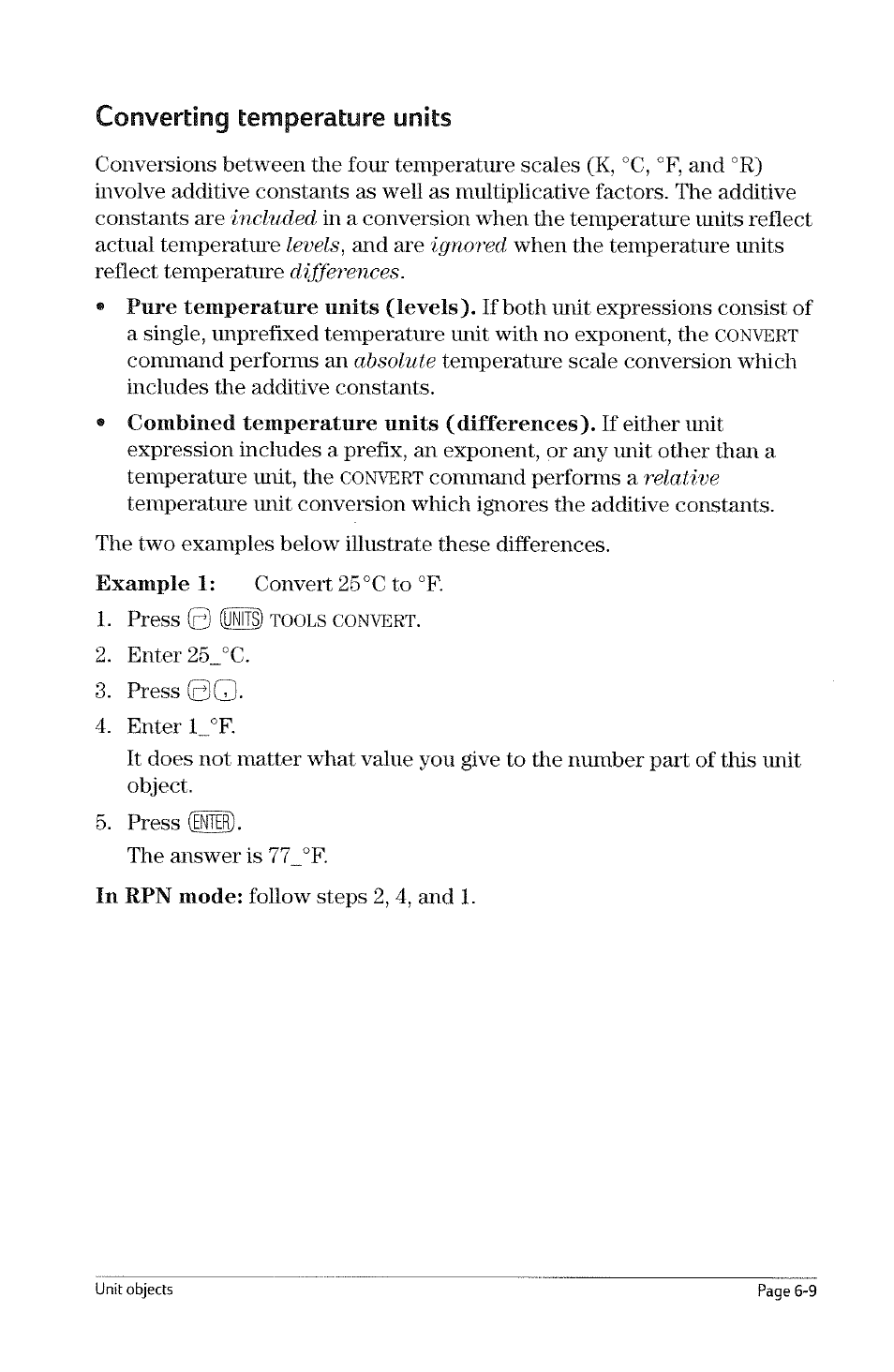 To factor units within a unit expression, Working with temperature units, To factor emits within a emit expression -8 | Working with temperature miits -8, Factoring unit expressions | HP 49g Graphing Calculator User Manual | Page 71 / 199