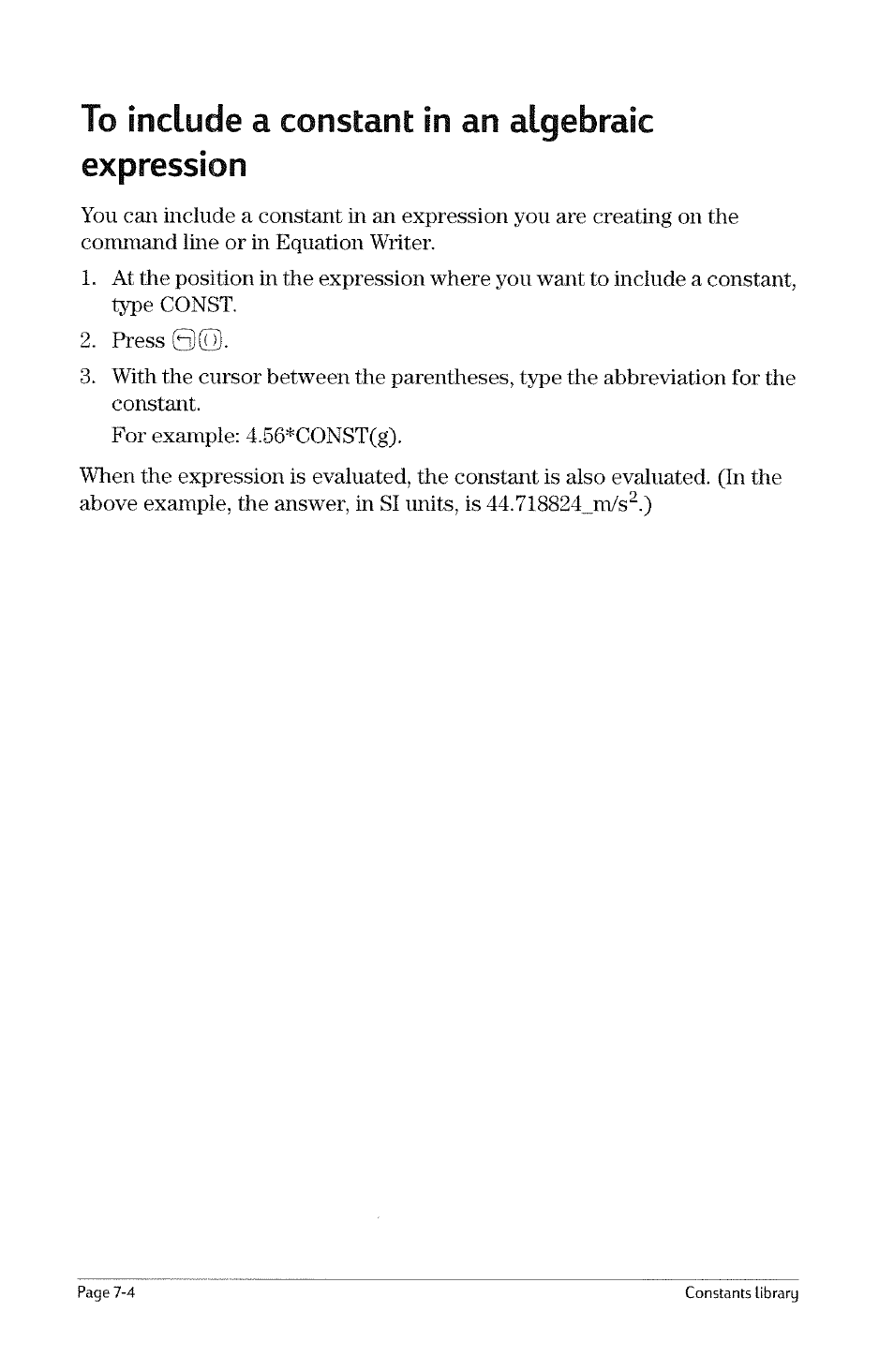 To view the constants library, To copy a constant to the stack or history, To view the constaiets library -3 | To copy a constaiet to the stack or history -3, Mode | HP 49g Graphing Calculator User Manual | Page 76 / 199