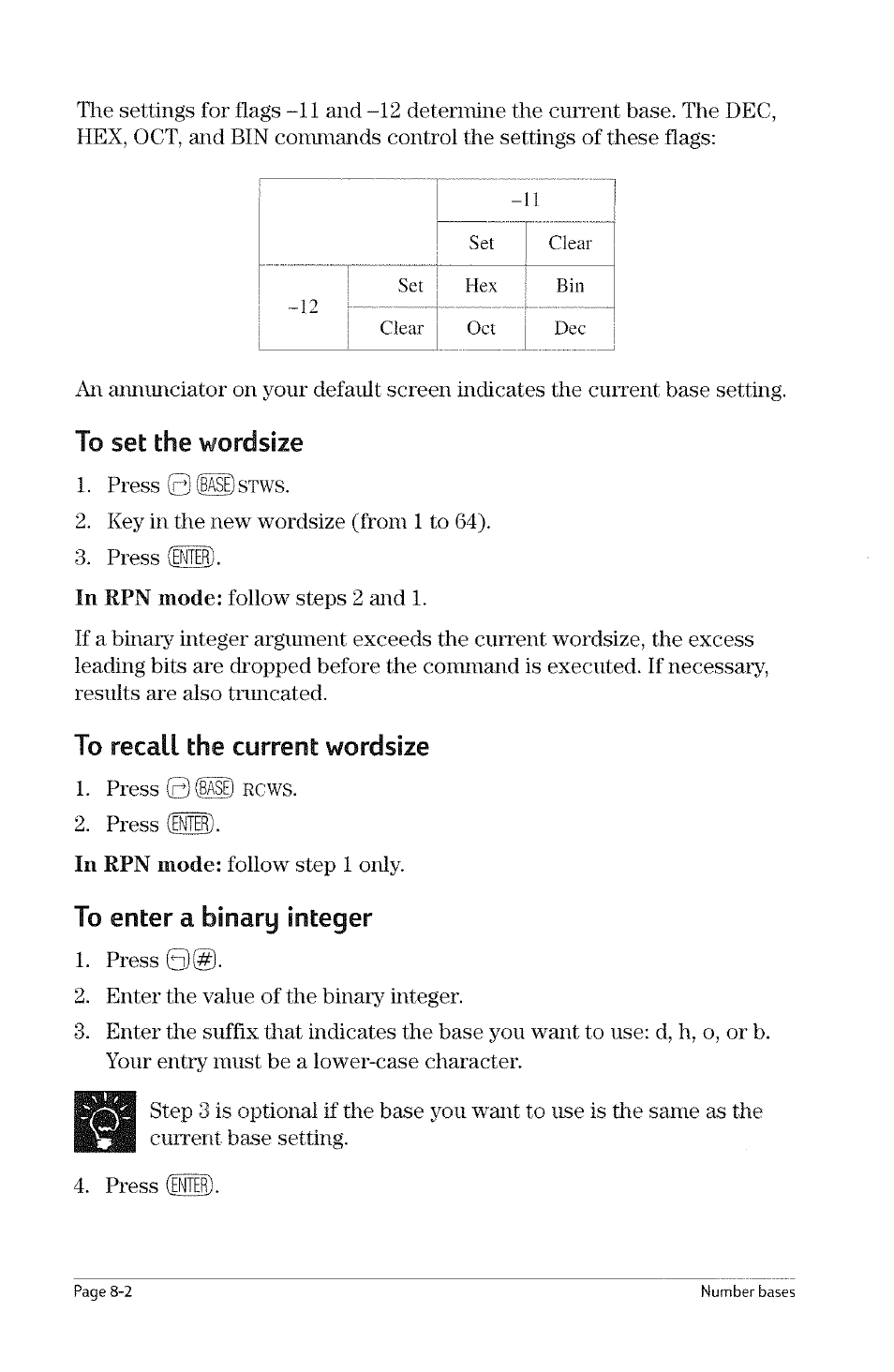 Chapter 8 number bases, Entering and displaying binary integers, To set the base | Chapter 8: number bases, Enteriirg and displaying binary integers -1, To set the base -1, Displaying, Chapter 8 number bases entering and, Binary integers | HP 49g Graphing Calculator User Manual | Page 78 / 199