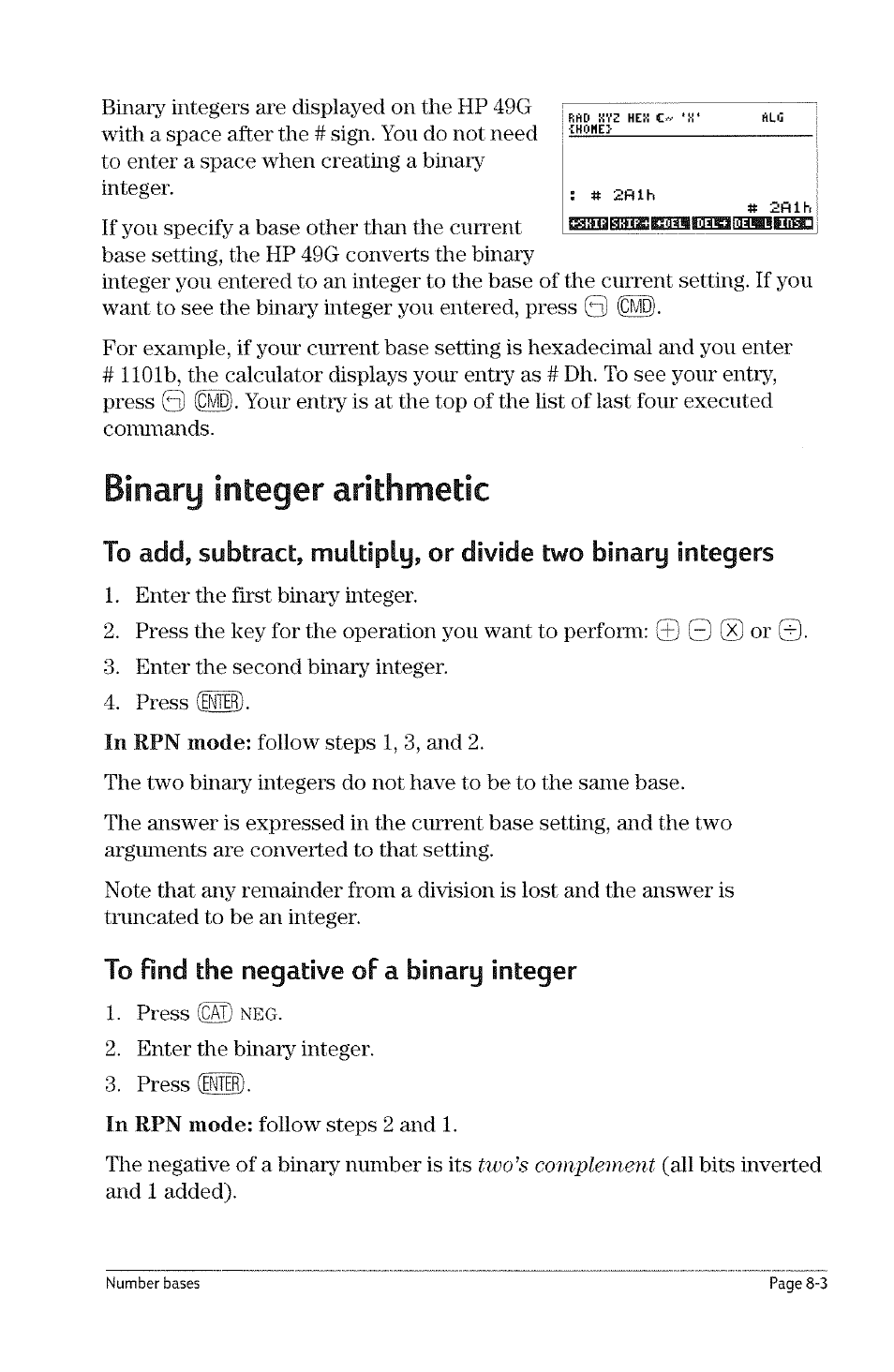 To set the wordsize, To recall the current wordsize, To enter a binary integer | HP 49g Graphing Calculator User Manual | Page 79 / 199