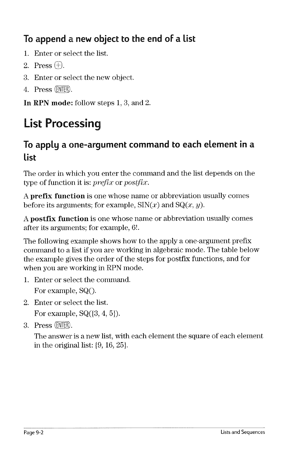 To enter a list from the keyboard, To assemble a list from a set of stack objects, To append a new object to the beginning of a list | Chapter 9 lists and sequences creating lists | HP 49g Graphing Calculator User Manual | Page 84 / 199