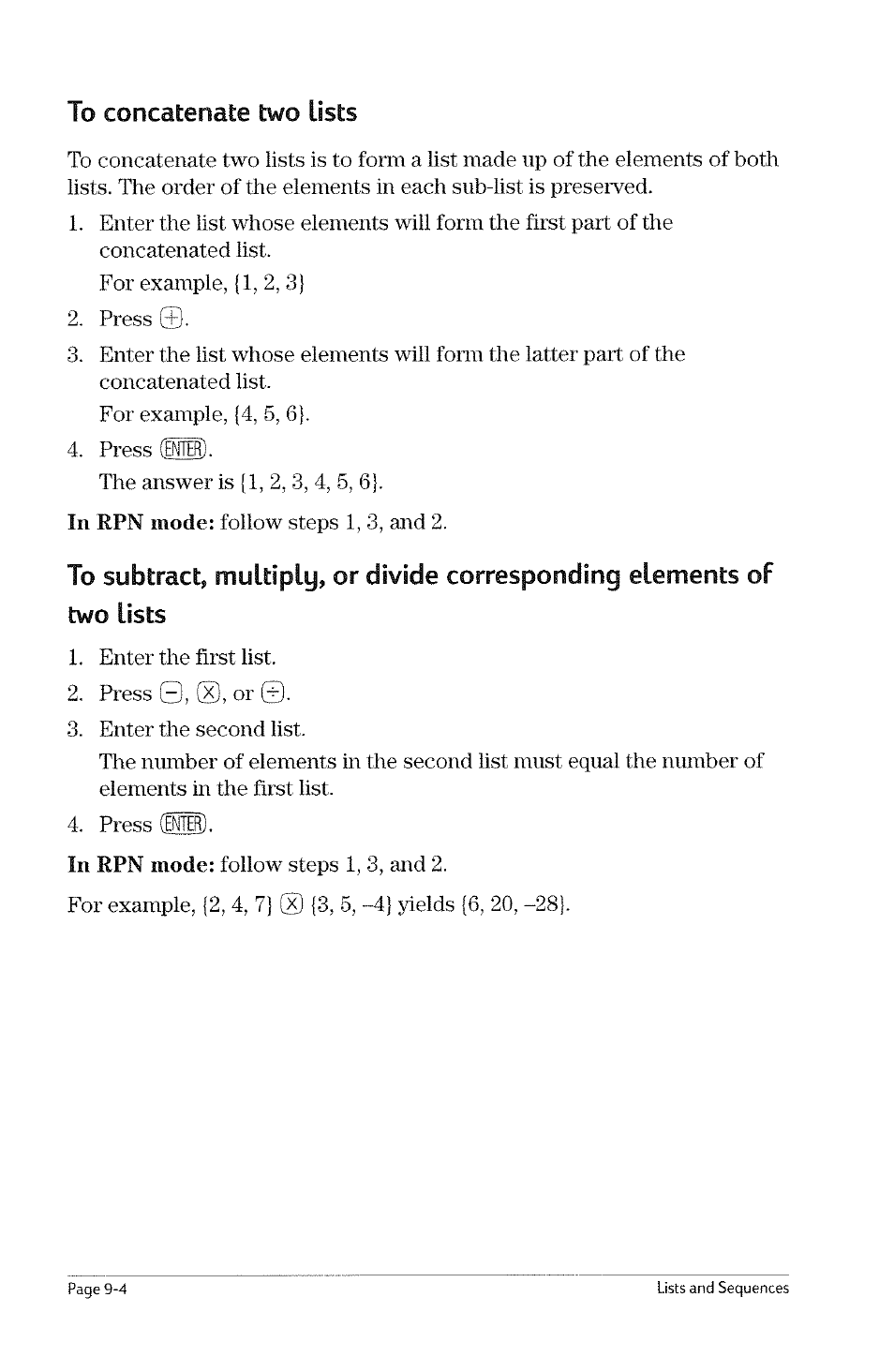 To add corresponding elements of two lists, To add corresponditrg elements of two lists -3, Enter) | HP 49g Graphing Calculator User Manual | Page 86 / 199