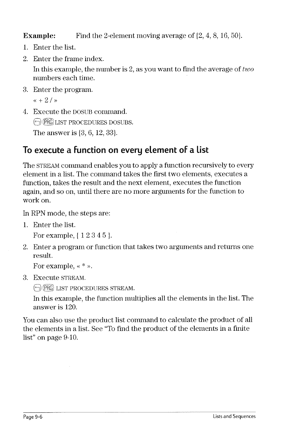 Applying a function or program to a list, To run a program or execute a function on lists, Applying a fimction or program to a list -5 | HP 49g Graphing Calculator User Manual | Page 88 / 199