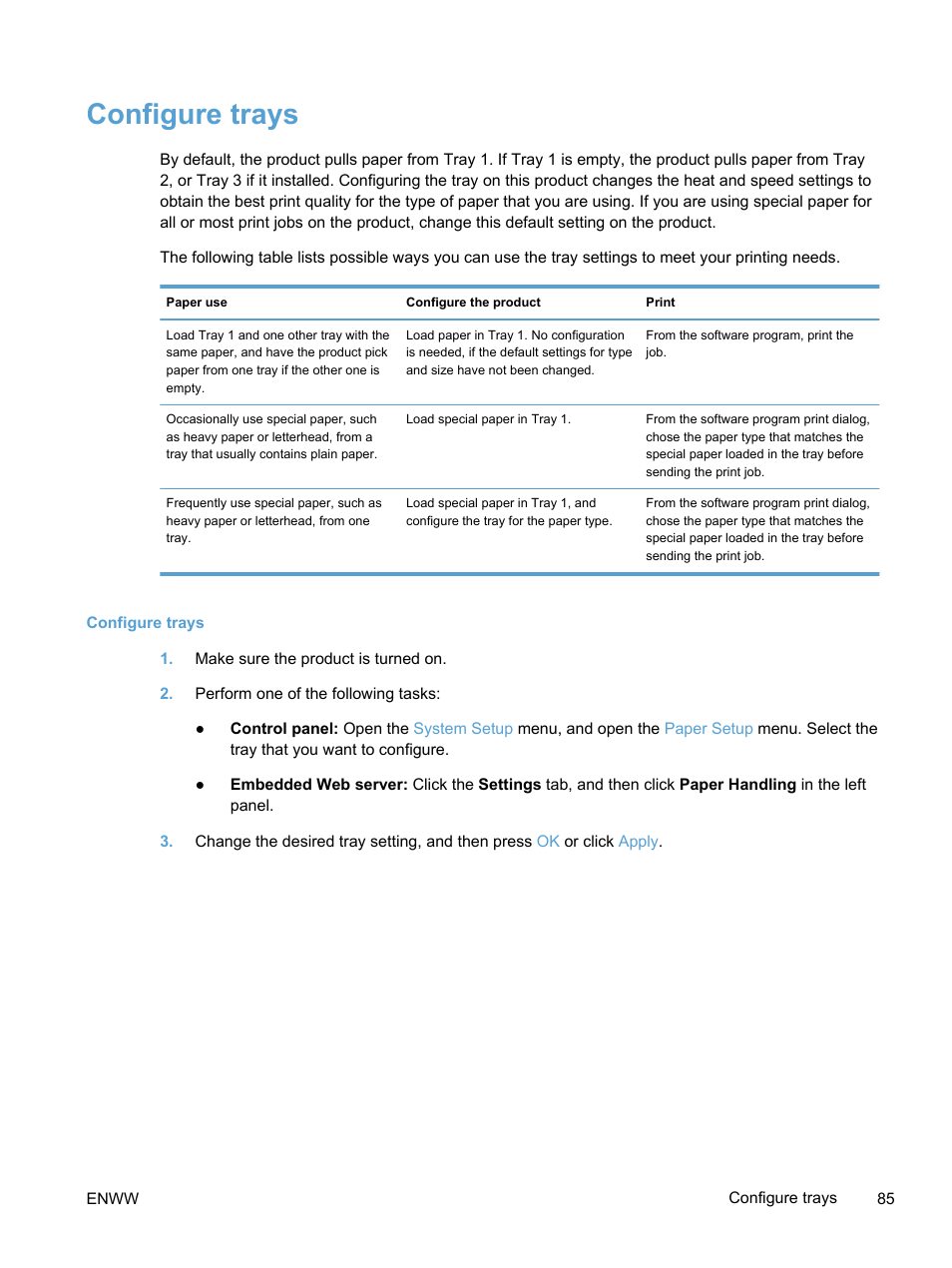 Configure trays | HP LaserJet Pro 300 Color MFP M375 User Manual | Page 101 / 344