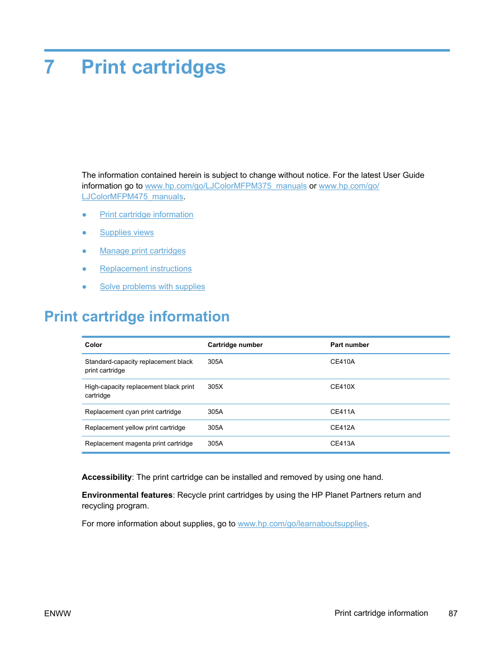 Print cartridges, Print cartridge information, 7 print cartridges | 7print cartridges | HP LaserJet Pro 300 Color MFP M375 User Manual | Page 103 / 344