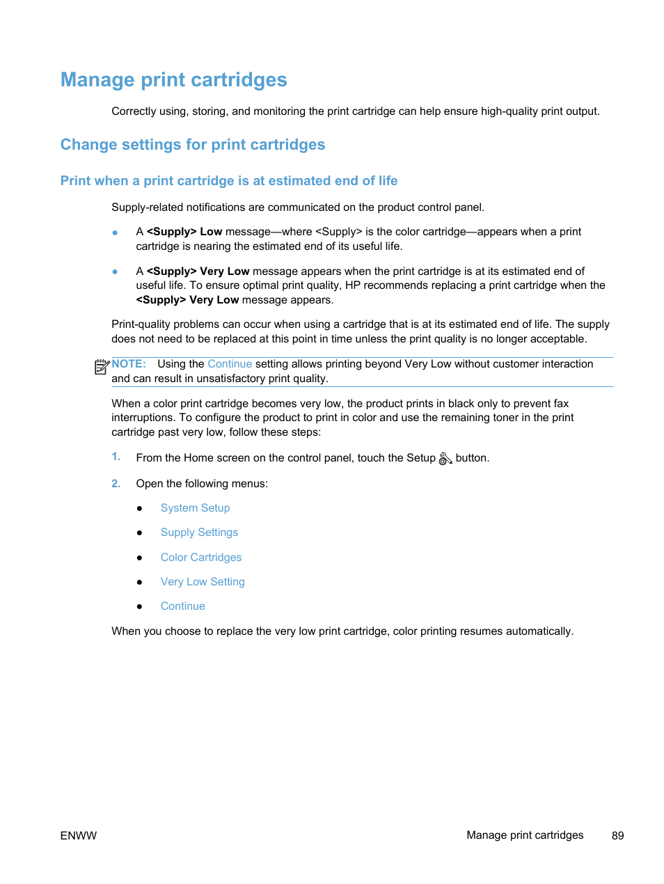 Manage print cartridges, Change settings for print cartridges | HP LaserJet Pro 300 Color MFP M375 User Manual | Page 105 / 344