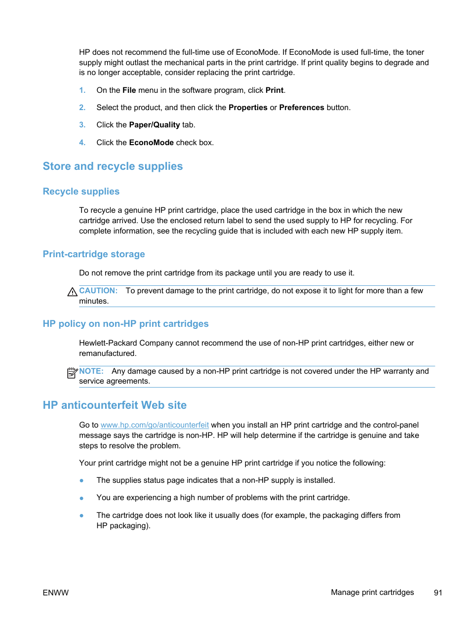 Store and recycle supplies, Recycle supplies, Print-cartridge storage | Hp policy on non-hp print cartridges, Hp anticounterfeit web site | HP LaserJet Pro 300 Color MFP M375 User Manual | Page 107 / 344