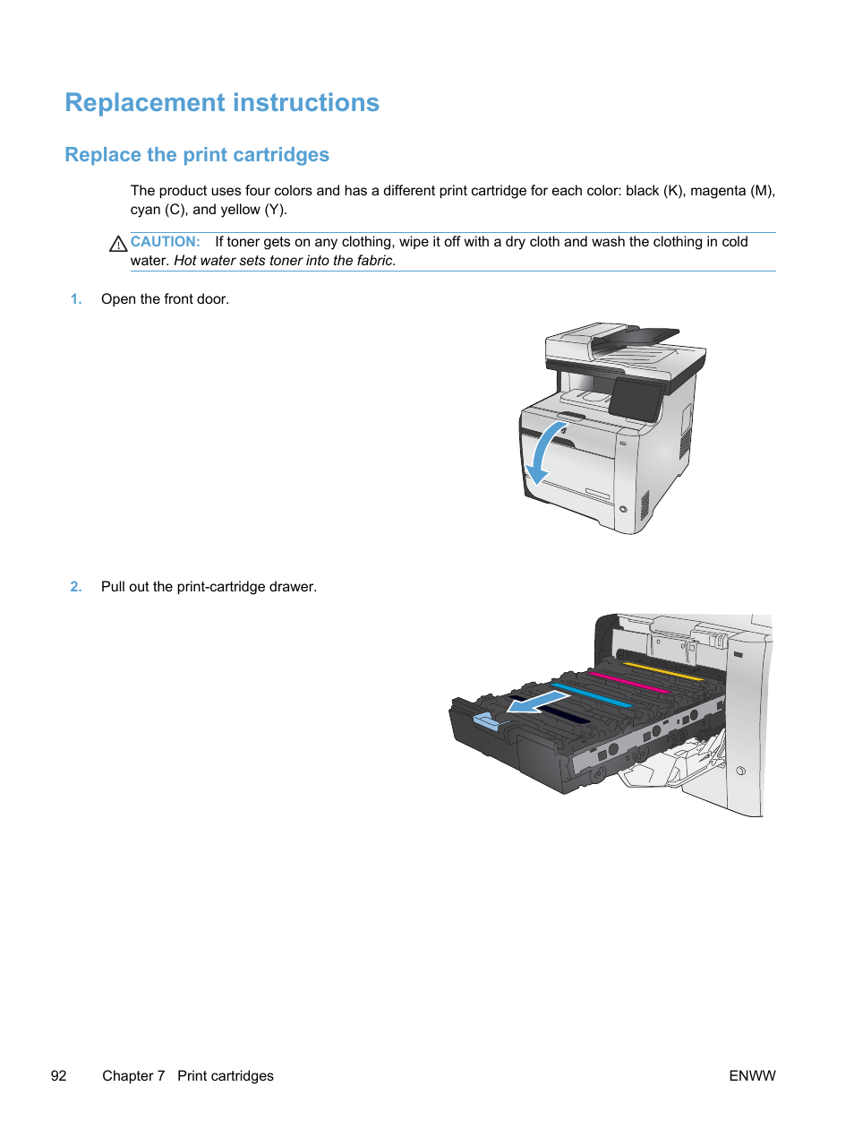 Replacement instructions, Replace the print cartridges | HP LaserJet Pro 300 Color MFP M375 User Manual | Page 108 / 344