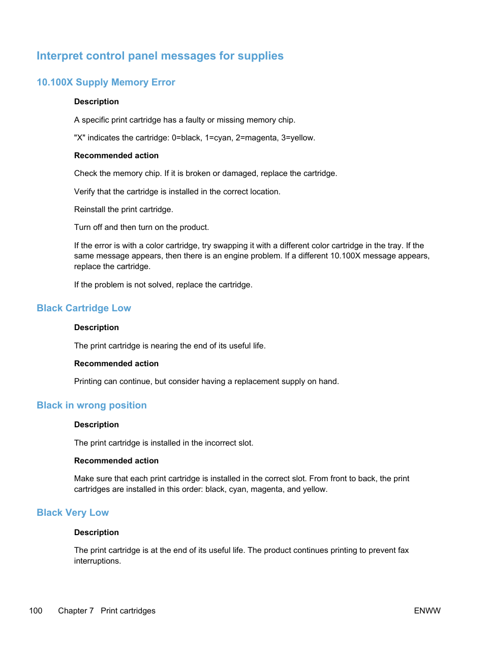 Interpret control panel messages for supplies, 100x supply memory error, Black cartridge low | Black in wrong position, Black very low | HP LaserJet Pro 300 Color MFP M375 User Manual | Page 116 / 344