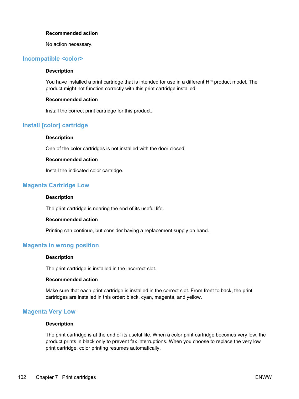 Incompatible <color, Install [color] cartridge, Magenta cartridge low | Magenta in wrong position, Magenta very low | HP LaserJet Pro 300 Color MFP M375 User Manual | Page 118 / 344