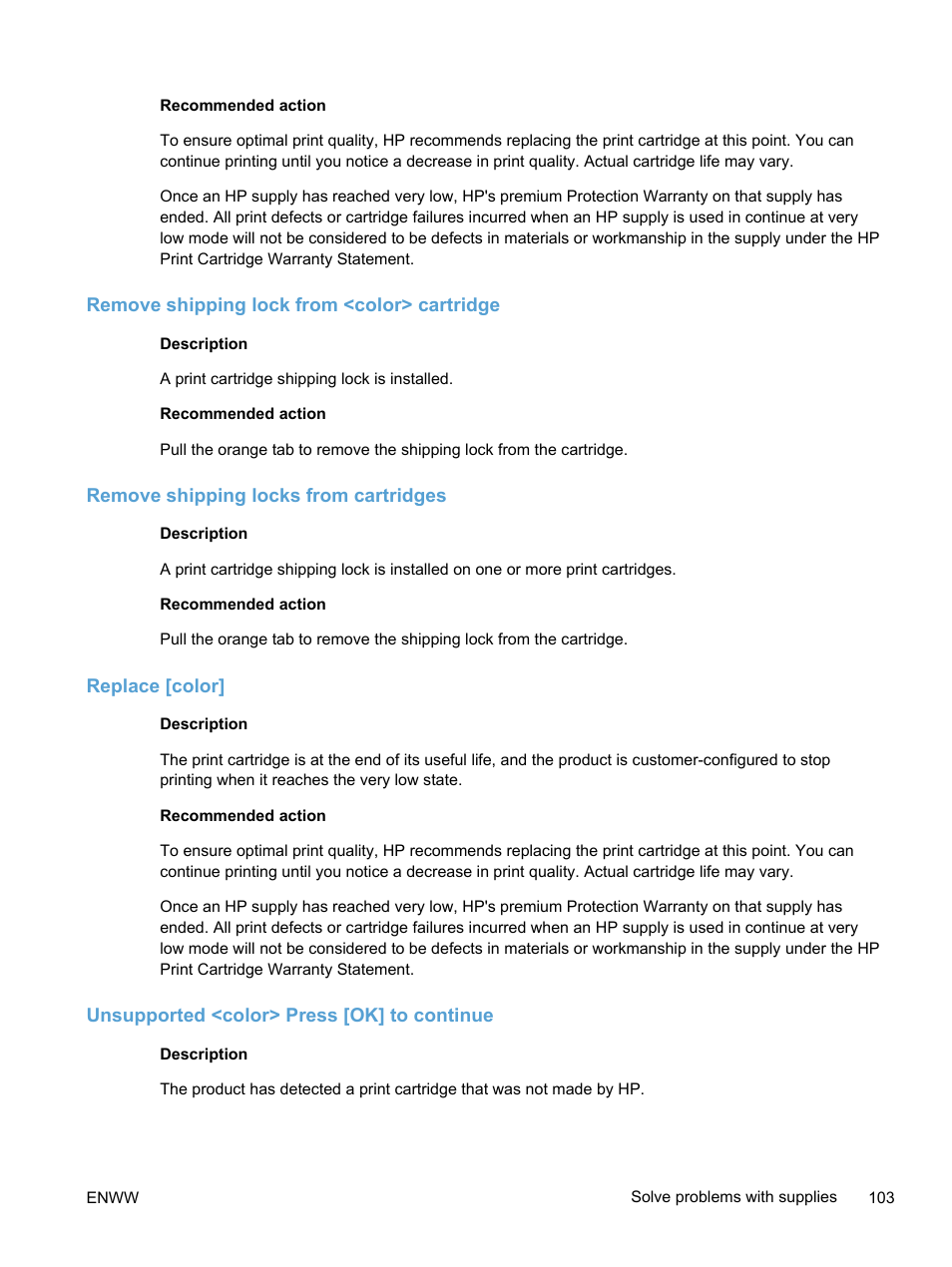 Remove shipping lock from <color> cartridge, Remove shipping locks from cartridges, Replace [color | Unsupported <color> press [ok] to continue | HP LaserJet Pro 300 Color MFP M375 User Manual | Page 119 / 344