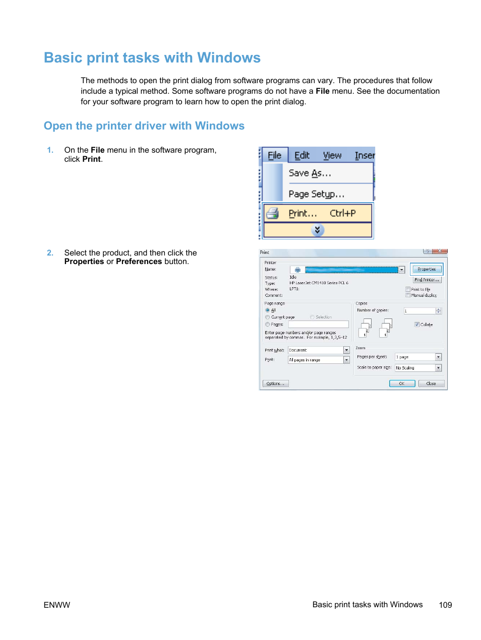 Basic print tasks with windows, Open the printer driver with windows | HP LaserJet Pro 300 Color MFP M375 User Manual | Page 125 / 344