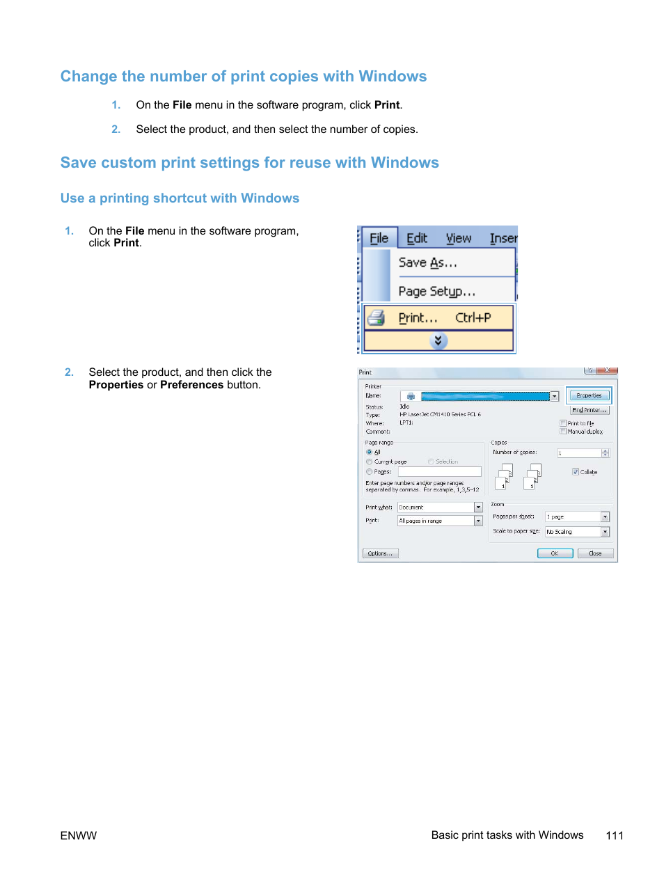 Change the number of print copies with windows, Save custom print settings for reuse with windows, Use a printing shortcut with windows | HP LaserJet Pro 300 Color MFP M375 User Manual | Page 127 / 344