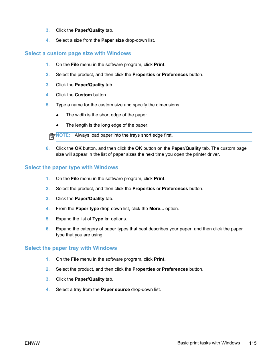 Select the paper type with windows, Select the paper tray with windows | HP LaserJet Pro 300 Color MFP M375 User Manual | Page 131 / 344