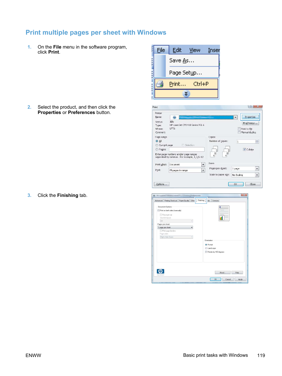 Print multiple pages per sheet with windows | HP LaserJet Pro 300 Color MFP M375 User Manual | Page 135 / 344