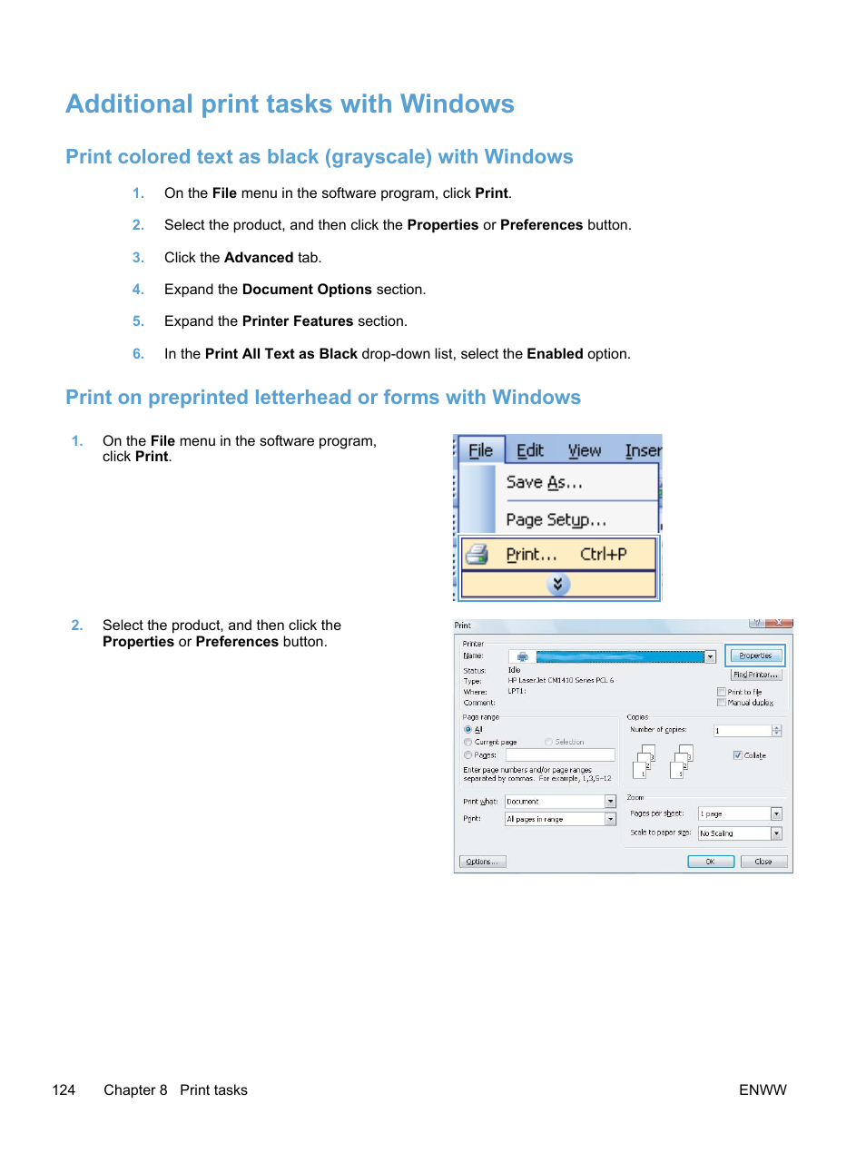 Additional print tasks with windows | HP LaserJet Pro 300 Color MFP M375 User Manual | Page 140 / 344