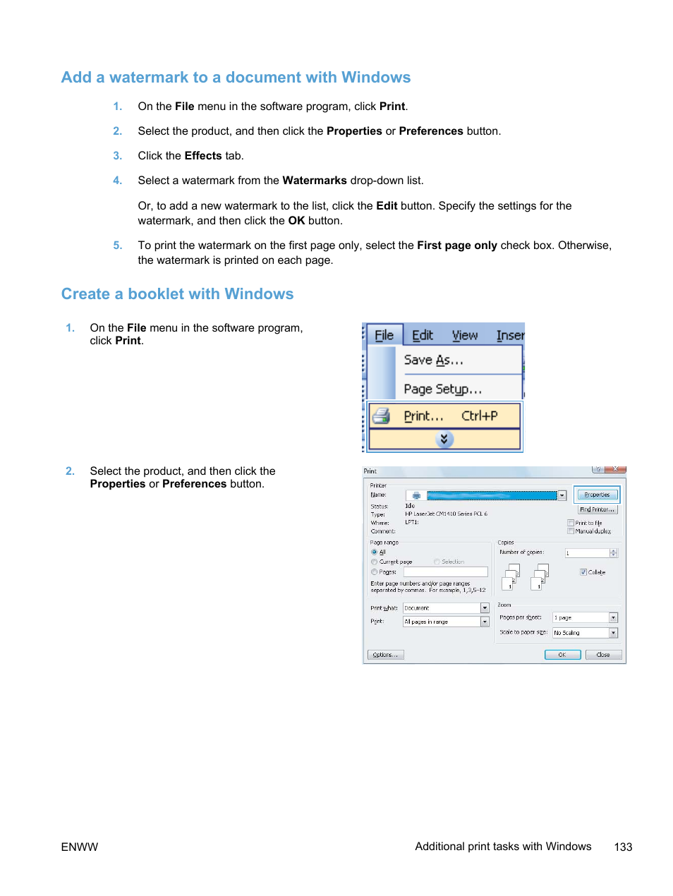 Add a watermark to a document with windows, Create a booklet with windows | HP LaserJet Pro 300 Color MFP M375 User Manual | Page 149 / 344