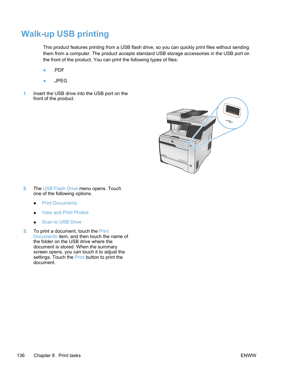 Walk-up usb printing | HP LaserJet Pro 300 Color MFP M375 User Manual | Page 152 / 344